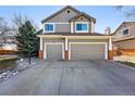 View of the two-car garage of the property with gray doors, brick trim, and house number at 16123 Quarry Hill Dr, Parker, CO 80134