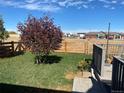 Private backyard with a new wood fence, mature trees, and a well-manicured lawn at 51 W 6Th Pl, Byers, CO 80103