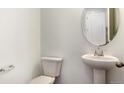 Modern powder room features a pedestal sink, toilet, and decorative oval mirror at 8339 Snake River St, Littleton, CO 80125