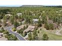 Stunning aerial view of a home nestled in a wooded area with mature trees and mountain views at 5091 Hidden Pond Pl, Castle Rock, CO 80108
