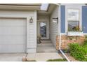 Inviting entrance featuring brick accents, stone pathway, fresh landscaping, and a glass paneled front door at 6805 Zebra Grass Ln, Parker, CO 80138