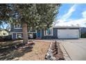 Charming home featuring a blue exterior and a mature tree in the front yard and a blue door at 6532 S Field Way, Littleton, CO 80123