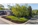 Corner lot home featuring mature trees, lush lawn, mulch beds, privacy fence and fire hydrant at 10909 W 65Th Way, Arvada, CO 80004