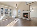 Bright living room featuring a fireplace, many windows, and light hardwood floors at 7353 Norfolk Pl, Castle Pines, CO 80108