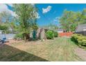 Spacious backyard with lush lawn, storage shed, and mature trees, creating a private outdoor retreat at 4480 S Pennsylvania St, Englewood, CO 80113
