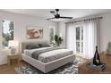 Serene bedroom with natural light, a modern ceiling fan, and a private balcony access at 2281 S Sherman St, Denver, CO 80210