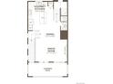 Floor plan showcasing a gourmet kitchen, dining area, great room, powder room, and covered deck at 11481 E Briarwood Cir, Centennial, CO 80112
