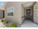 Close-up of the front entryway, highlighting the modern front door and stone accents at 311 Josef Cir, Fort Lupton, CO 80621