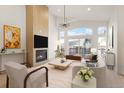 Cozy living area with a fireplace, large windows, and stylish decor at 9640 Silver Hill Cir, Lone Tree, CO 80124