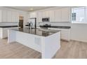 Modern kitchen with stainless steel appliances and a large kitchen island with light wood flooring at 7171 Waterleaf Trl, Littleton, CO 80125