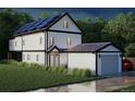 Rear view of a modern home featuring solar panels, a garage, and a spacious lawn in a verdant setting at 314 Galapago St, Denver, CO 80223