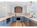 Modern kitchen with stylish blue and white cabinets, stainless steel appliances, and wood flooring at 5369 S Sherman St, Littleton, CO 80121