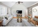 Cozy living room featuring hardwood floors, vaulted ceilings, and contemporary furnishings at 1290 S Elizabeth St, Denver, CO 80210