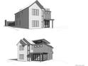 Two-story house rendering showing mixed materials, a roof deck and a covered porch at 781 Kearney St, Denver, CO 80220