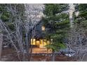 Front exterior of house nestled in the woods with a deck and light fixtures at 236 Harris Dr, Idaho Springs, CO 80452