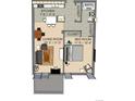 Detailed floor plan showcases the layout of the living room, kitchen, bedroom, and bathroom at 2500 S York St # 213, Denver, CO 80210