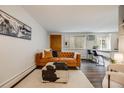 Cozy living room featuring stylish sofa, cow-hide ottoman, and seamless flow into the kitchen bar at 1349 Race St # 5, Denver, CO 80206