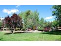 Scenic community view with a charming pond, a decorative bridge, and lush greenery throughout the grounds at 1300 S Parker Rd # 110, Denver, CO 80231
