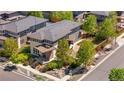 Aerial view of a modern two-story home, beautifully landscaped yard, and neighborhood at 9154 E 37Th Ave, Denver, CO 80238