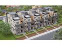 Overhead view of modern townhomes showcasing rooftop patios, balconies, brick and siding exteriors, and fenced yards at 838 N Cherry St # 1, Denver, CO 80220