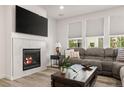 Inviting living room with modern fireplace, comfortable seating, and lots of natural light through large windows at 4089 Forever Cir, Castle Rock, CO 80109