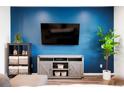 Stylish living room featuring a modern entertainment center and a vibrant blue accent wall at 21528 E 59Th Pl, Aurora, CO 80019