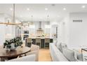 Open-concept living space with a kitchen island, modern lighting, and a comfortable seating area at 1164 S High St, Denver, CO 80210