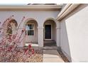 Inviting home entryway featuring a classic dark door framed by elegant arched columns and neutral stone accents at 24784 E Arkansas Pl, Aurora, CO 80018