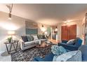 Comfortable living room boasting plush blue armchairs, a neutral-toned sofa, and a patterned rug, perfect for relaxation at 1583 Skeel St, Brighton, CO 80601