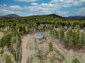 Beautiful aerial view of a wooded home, showcasing the privacy and beauty of the mountain landscape at 9288 Krashin Dr, Conifer, CO 80433