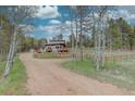 Gravel driveway leads to a cozy home featuring a spacious yard and a charming fence line with white bark trees in the foreground at 9288 Krashin Dr, Conifer, CO 80433