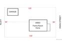 Plot plan of Frame Ranch home with garage and alley access at 3953 Vrain St, Denver, CO 80212