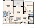 Two-bedroom floor plan featuring a spacious great room, kitchen, and covered deck at 487 Interlocken Blvd # 304, Broomfield, CO 80021
