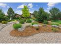 Landscaped front yard featuring decorative rocks, mulch beds, and various plants at 4651 Sonado Pl, Parker, CO 80134