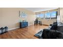 A well-lit living room featuring hardwood floors, large windows with views, and stylish modern furniture at 1196 N Grant St # 407, Denver, CO 80203