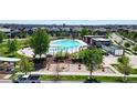 Aerial view of a community pool, playground, and recreational area surrounded by trees at 8742 E 47Th Ave, Denver, CO 80238