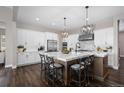 Bright kitchen features an island with bar seating, stainless steel appliances, and modern light fixtures at 2144 Bellcove Dr, Castle Pines, CO 80108