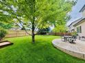Spacious backyard featuring a circular patio, large shade tree and well-maintained lawn at 21238 Snowshoe Ln, Parker, CO 80138