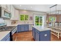 Well-lit kitchen with stainless steel appliances, blue cabinets, and an island, flowing into the dining area at 21238 Snowshoe Ln, Parker, CO 80138