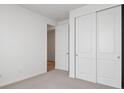 Cozy bedroom featuring double closets, neutral carpet, and modern white trim at 45946 Gentry Ave, Bennett, CO 80102