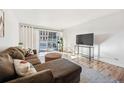 Bright living room boasts wood floors, a comfortable brown couch and balcony access at 888 N Logan St # 5A, Denver, CO 80203