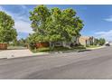 View of a two-story home with green siding, mature trees, and a well-manicured lawn at 5713 Whitechapel St, Castle Rock, CO 80104