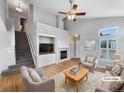 Bright, staged living room with vaulted ceilings, fireplace, and hardwood floors at 10674 Cherrington St, Highlands Ranch, CO 80126