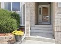 Inviting front entrance with a decorative brick column and planter filled with vibrant yellow flowers at 11035 W Grand Pl, Littleton, CO 80127