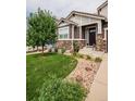 Close up of the house and front yard with beautiful landscaping and stone accents at 10272 Greenfield Cir, Parker, CO 80134
