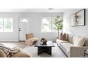 Inviting living room featuring a cream sofa, a modern rug, and natural light at 3065 S Eudora St, Denver, CO 80222