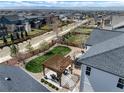 A neighborhood view shows a backyard with a trampoline, pergola, and lush, green landscaping at 228 Horizon Ave, Erie, CO 80516