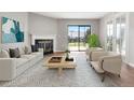 The bright living room features a fireplace, stylish furniture, and a sliding door leading to outdoor green space at 350 Detroit St # 107, Denver, CO 80206