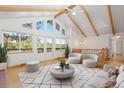 Bright living room with vaulted ceilings, exposed beams, and expansive windows offering natural light at 310 S Alkire St, Lakewood, CO 80228