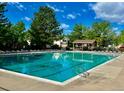Community pool showcasing a spacious area for swimming laps, relaxing with lounge chairs, and a picnic cabana at 11056 W Rowland Ave, Littleton, CO 80127